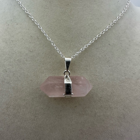 None Jewelry - Double Terminated Rose Quartz Pendant on Silver Box Chain